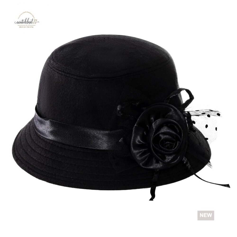 Vintage Felt Cloche Hat Imitation Wool Bucket Hat Flat Brim Lining